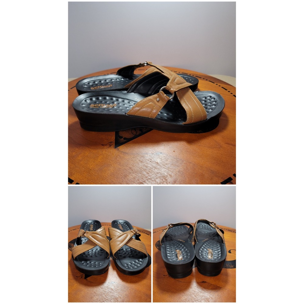Aerosoft Original Comfort Tan Black Wedge Slide Sandals Womens Size 9 Summer